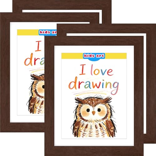FrameWorks 4-Pack, 10"x12.5" Mahogany Wooden Kids Art Frame with Magnetic Door – Display for 3D Artwork, Photos, Crafts – Gallery Style Edges Wall Decor for Home, Playroom, Easy Access Frame