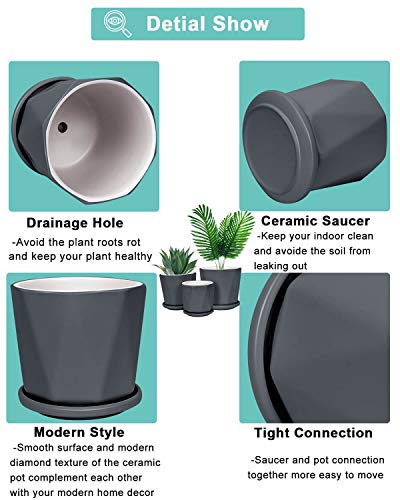 Gray Ceramic Geometric Indoor Plant Pot with Tray - Set of 3 Middle and Large Modern Planter (5.4\" 6.8\" 8.1\"), Diamond Texture Flower Pots with Drainage Hole and Saucer for Indoor Outdoor Plant - Thumbnail 3