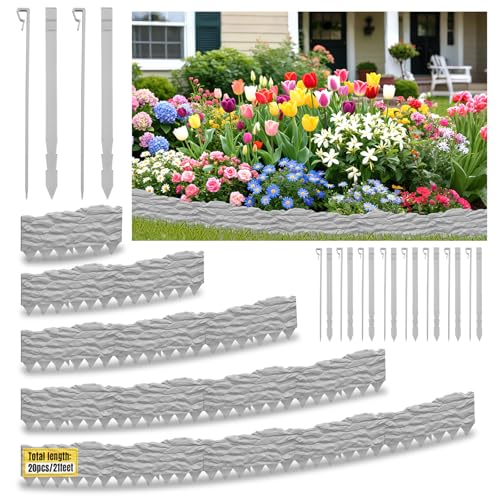 20-Pack No Dig Garden Edging Borders 20FT Plastic Lawn Edging with Spikes & Stone Texture - Easy Interlocking Landscape Edging for Yard Flower Bed Driveway Heavy-Duty & Easy Install