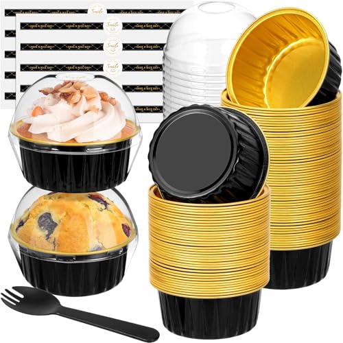 EgticHome Mini Cake Pans with Lids and Spoons (100 Pack,Black,5oz) Round Disposable Ramekins - Sturdy Aluminum Foil Cupcake Liners with Lids for Dessert and Party by EgticHome - Used condition - US$16.07
