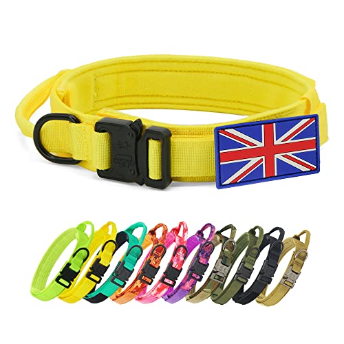 YoothBro Tactical Dog Collar with UK Flag Patch, K9 Military Nylon Collar with Heavy Duty Metal Buckle for Medium Large Dogs Yellow L