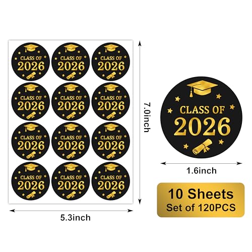 120Pcs Graduation Stickers, 1.6 Inch Gold Foil Self Adhesive Class of 2026 Stickers Label for Cards Envelope Seals Gift Bags (Black, Round)