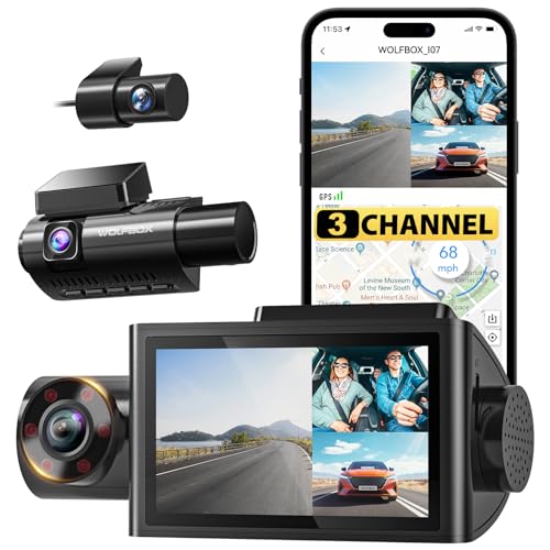 WOLFBOX i07 Dash Cam 3 Channel with WiFi GPS 4K Dash Camera Front and Inside 3 Way Dash Camera for Cars 3 LCD Dash Cam Front and Rear Super IR Night Vision 24H Time Lapse Support 512GB Max
