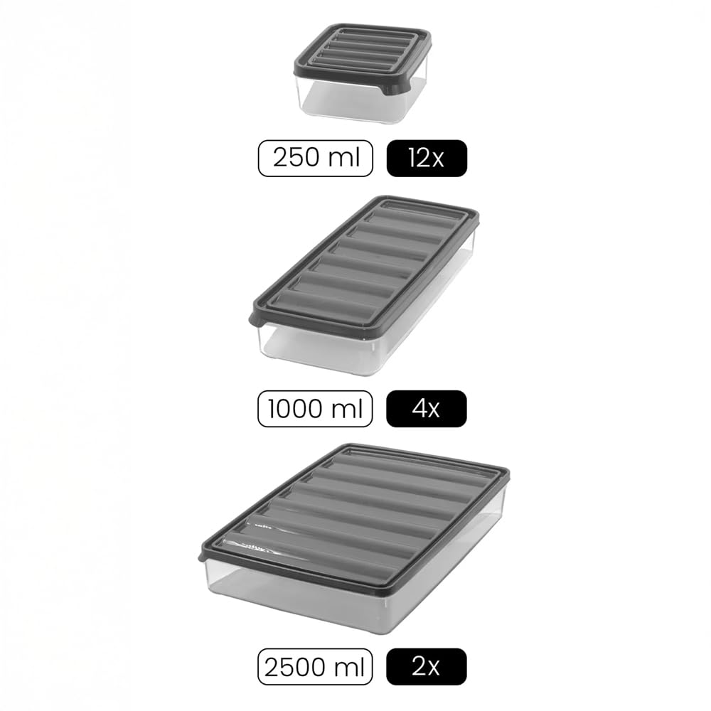 18-teiliges Vorratsdosen Set – 250ml x12, 1000ml x4, 2500ml x2 – BPA-frei, mikrowellengeeignet (ohne Deckel), gefrierfest, stapelbar, ideal für Kühlschrank & Vorrat
