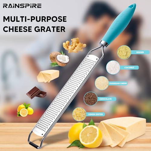 Image of Rainspire Zester Grater with Handle, Lemon Zester Cheese Grater for Kitchen Stainless Steel, Parmesan Cheese Garlic Nutmeg Chocolate Fruits Vegetables Ginger Grater, Fine, Blue
