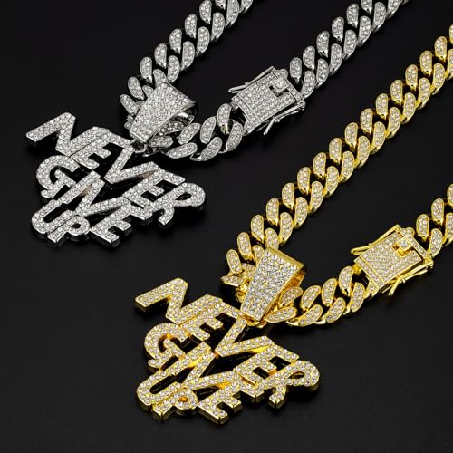 NEVER GIVE UP Hip-hop Cuban Chain, Rhinestone Pendant Necklace Jewelry For Men，Men's Fashion Jewelry4