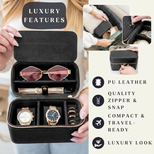 DIGICASE Watch and Jewelry Travel Case for Men & Women, Luxury PU Leather Organizer for 2 Watches, Rings, Earrings & Sunglasses - Black - Zippered Compact Travel Storage Jewelry Holder Gift (BLACK) by DIGICASE - Used condition - Image 5