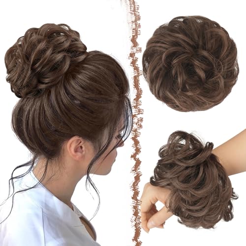FESHFEN Chignon Finto per Capelli, Elastici Chignon Finti Sintetica Ondulato Capelli Naturale Coda di Cavallo Marrone caramello Posticci per Capelli Spessi Updo per Donne Ragazze, 55g