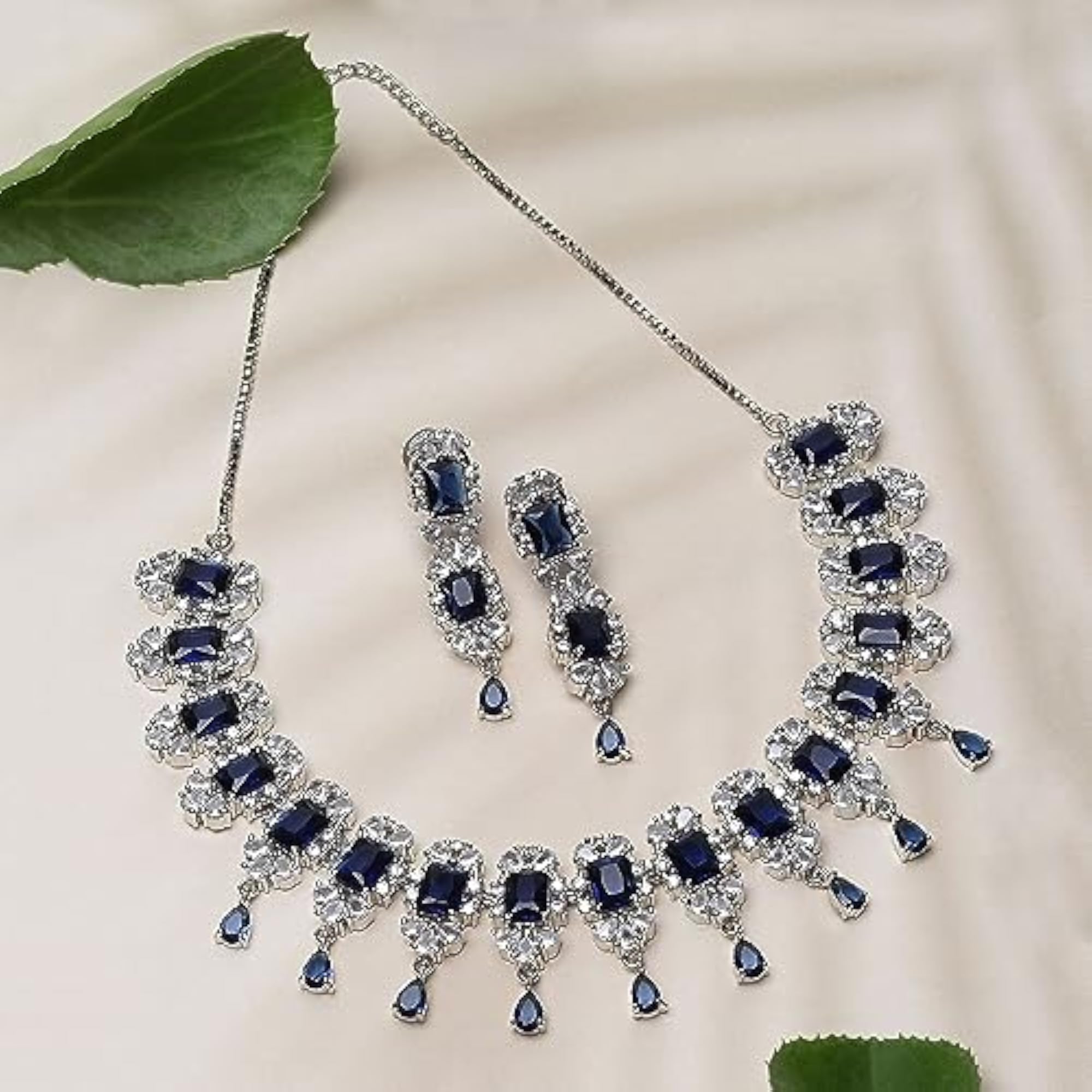 American Diamond Stone Studded Necklace Set (Navy Blue)