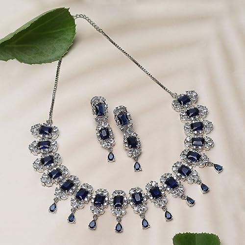 American Diamond Stone Studded Necklace Set (Navy Blue)
