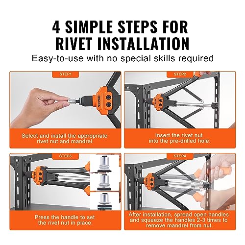 VEVOR Rivet Nut Tool, 16 inch Rivnut Tool Kit with 13PCS Metric and SAE Mandrels, 186PCS Rivet Nuts, Semi-auto Retraction, M3, M4, M5, M6, M8, M10, M12, 1/4-20, 5/16-18, 3/8-16, 1/2-13, 8-32, 10-24 by VEVOR - Image 4