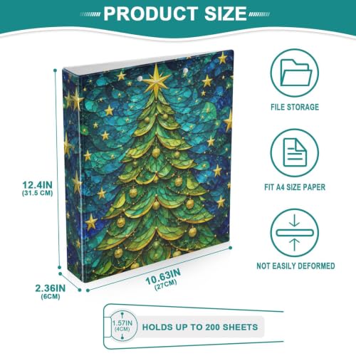 Image of 3 Ring Binder Christmas Tree Stars Waves 1.5 inch Binders Three Ring Binders with Clipboard Fit 8.5'' x 11'' Paper 3 Interior PVC Clear Pockets for Office Supplies