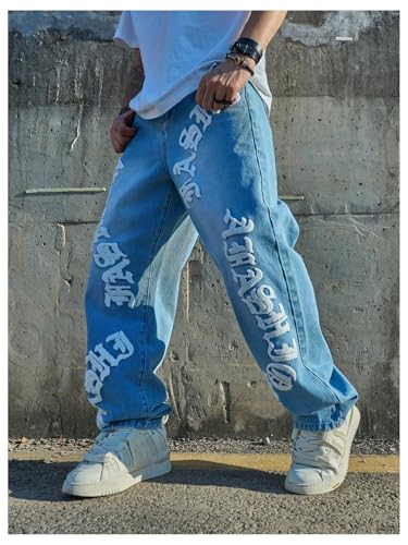 Men's Letter Patch Jeans High Waisted Wide Leg Denim Pants Goth Jeans with Pockets Streetwear4