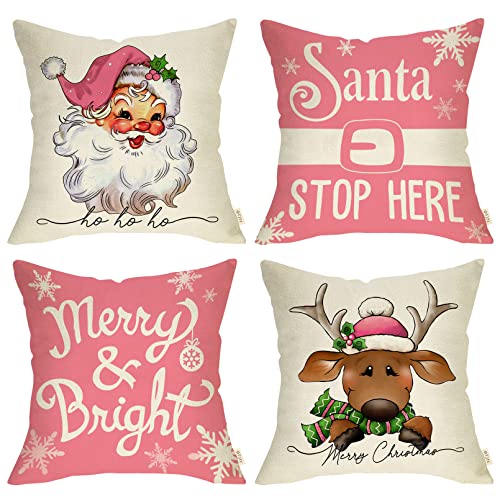 Fjfz Christmas Santa Reindeer Decorative Throw Pillow Covers 18 X 18 Set Of 4, Xmas Snowflakes Merry Bright Pink Porch Patio Home Decor, Winter Holiday Hohoho Elk Gifts Outdoor Sofa Couch Cushion Case #TOP27
