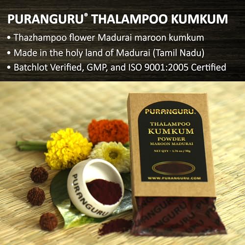 PuranGuru Thalampoo Kumkum Powder | 50g/1.76 oz | Maroon Color | Hyacinth Flower Powder for Puja Makeup | Meenakshi Madurai Thazhampoo Kumkuma | Bridal Suhag Tikka | Bindi Tilak Ceremonial Mark Tilak