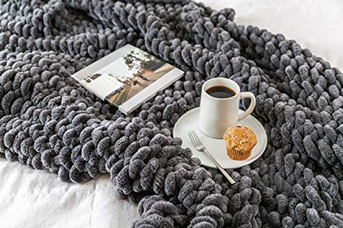 Samiah Luxe Chunky Knit Blanket 50X60 Graphite - Dark Gray Luxury Chenille Blanket For Farmhouse Decor; Boho Decor Throw Blanket For Fall Decor; Tight Braided Thick Cable Knit Throw For Couch Or Bed #TOP4