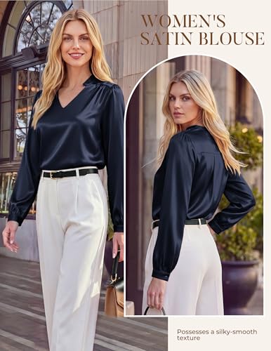 GRACE KARIN Womens Business Casual Tops, Long Sleeve Work Satin Blouses, Dressy V Neck Silk Shirts Fall Trendy Outfits Navy Blue S — view 3