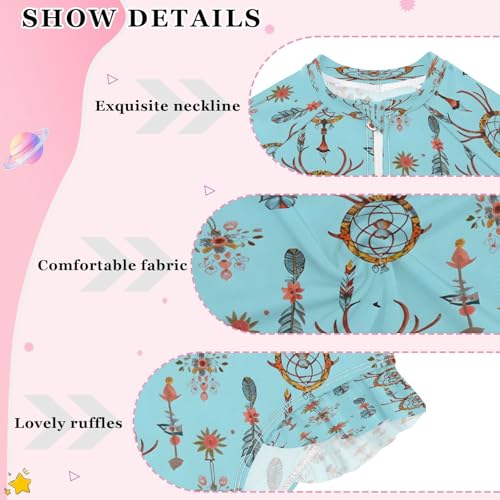 Antler-Shaped Dreamcatcher Girls Long Sleeve Swimsuits One Piece Zipper Bathing Suit UPF 50+ Rashguard Swimwear4