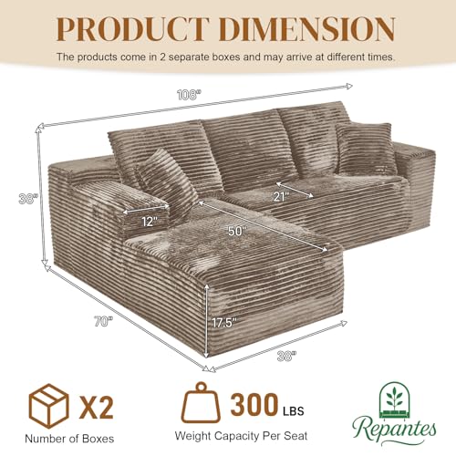 Image of 108 inch L Shaped Boneless Sectional Couches for Living Room, Comfy Corduroy Floor Cloud Sofa with Chaise, Wide Armrest, Deep Seat, Memory Foam, Assembly Free, Ideal for Small Spaces, Brown