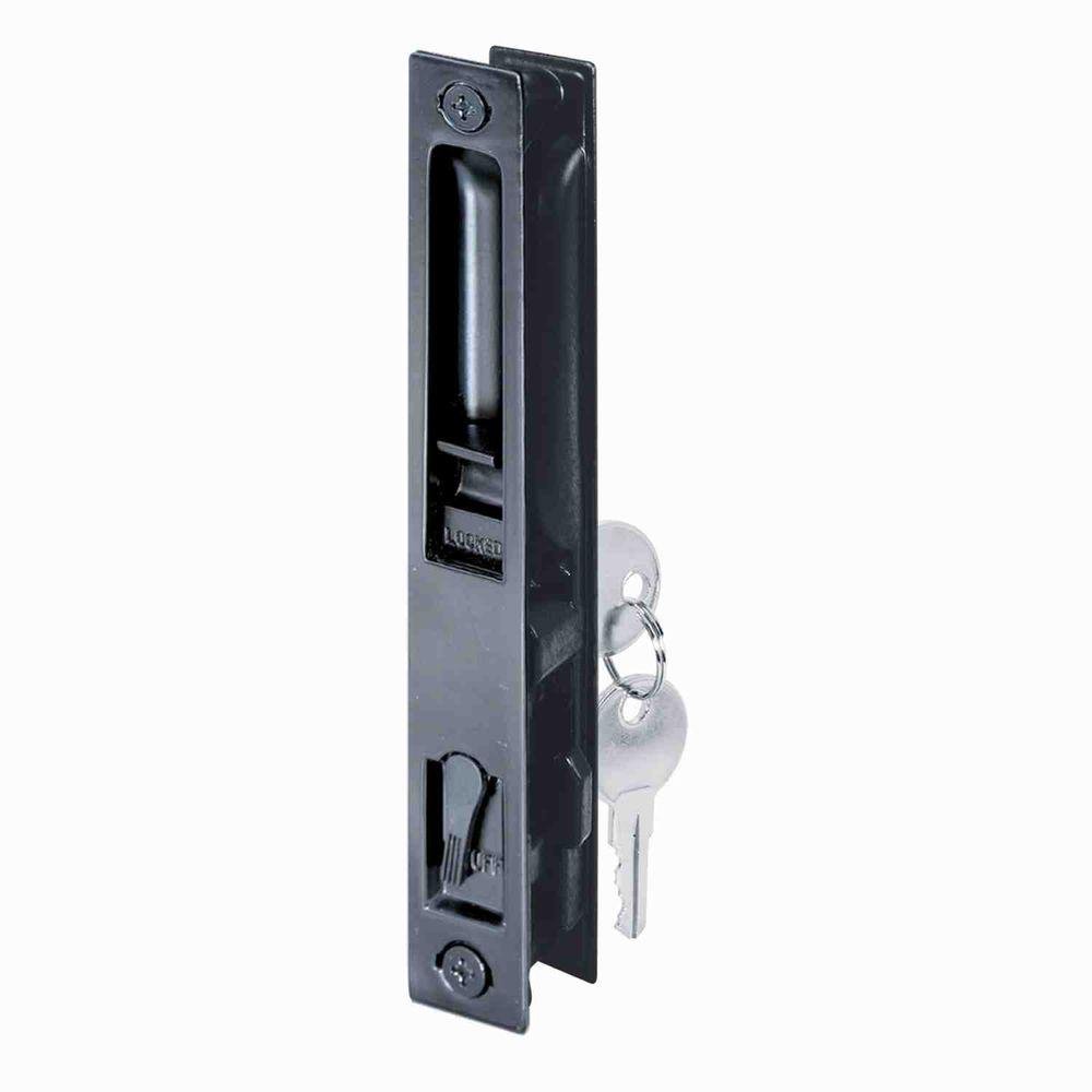 Prime-Line C 1033 Sliding Glass Door Handle Set, 6-5/8 In., Diecast, Black, Hook Style, Flush Mount, Keyed, Non-Handed
