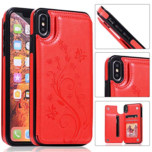 QFUN Back Wallet Case for iphone XS MAX with Stand, Elegant Embossed Design [Butterfly Flower] Lightweight Slim Fit Leather Phone Case with Card Holder Protective Bumper Flip Cover - Red