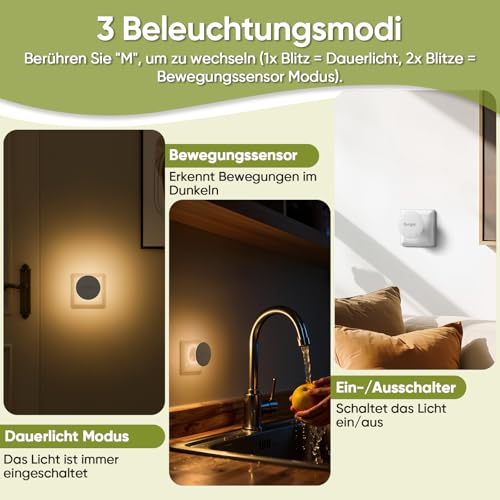 Suright 2 Stück Nachtlicht Steckdosen, Nachtlichter mit Bewegungsmelder, Hinterleuchtete, Helligkeit Dimmbare, 3 Modi, 2700K Warmweiß, 30LM für Flur, Treppe, Schlafzimmer, Kinderzimmer 3
