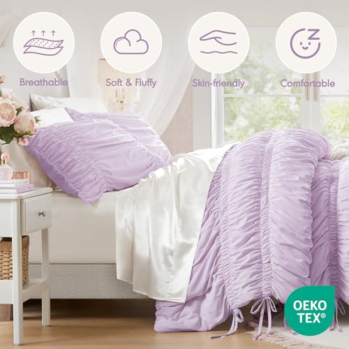Image of Intelligent Design Ruched Shabby Chic Lavender King Comforter Set, 3pc | Girls Bedding Set, French Country, All Season Down Alternative, Cozy, Machine Washable, Lightweight, Breathable