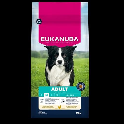 EUKANUBA Life Care Croquettes Chien Adulte Moyenne Race 1 à 7 Ans, Riche en Poulet Frais, Maintient d’Un Poids Optimal, L-Carnitine, Oméga 3&6, FOS, sans colorants, arômes artificiels ni OGM – 15 kg