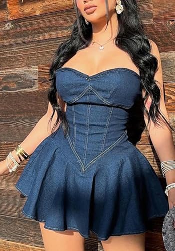 Image of Kwunbwa Women's Strapless Denim Dress Sexy Off Shoulder Corset Tube Pleated A Line Summer Mini Jean Dresses Clubwear