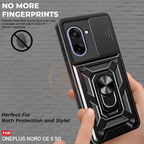 Image of Armor Bumper Back Cover Case for OnePlus Nord CE 5 5G Rotating Camera Cover, Ring Holder & Kickstand | Heavy Duty & 360 Degree Protection OnePlus Nord CE 5 5G Back Cover (Black)