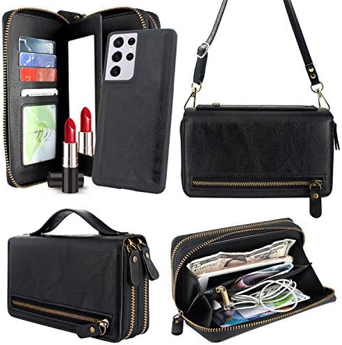 Harryshell Compatible with Samsung Galaxy S21 Ultra 5G (6.8") Case Wallet Multi Zipper Detachable Magnetic Cover Card Slots Holder Money Pocket Mirror Crossbody Chain Wrist Strap (Black)
