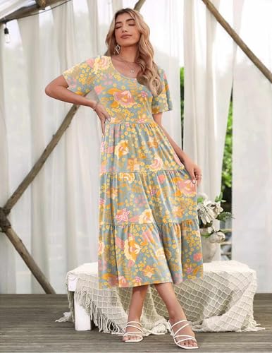 Image of Zeagoo Women's Summer Dress Midi Floral Flutter Short Sleeve Casual Dresses with Pockets Tiered Flowy Boho Beach Dress
