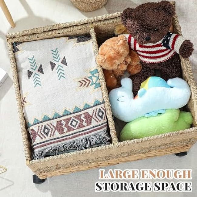 Rolling Wicker Storage Basket 23¡Á17.5¡Á16 Inch Toy Basket with Lid and Locking Wheels t for Blanket Bedroom, Laundry Room Natural