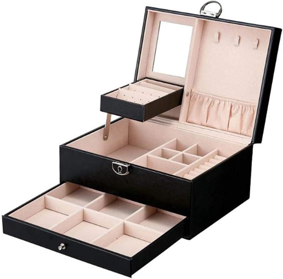 RONTENOLeather Multi-layer Makeup Organizer Case Earrings Ring Stud Jewelry Storage Display Case Box, 1Pc(Only Black Color,Not Included Jewelry)