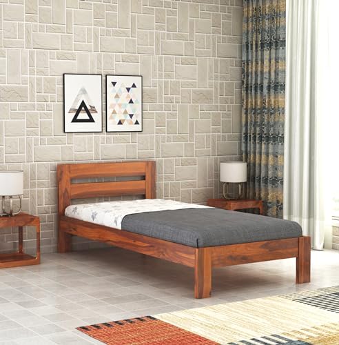 Image of BM WOOD FURNITURE Wooden Single Size Bed Without Storage | Single Cot with Upholstered Cushion Headboard for Hotel & Guest Room | Solid Wood Sheesham, Honey Finish