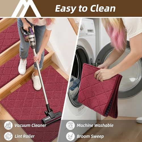 Image of COSY HOMEER Stair Landing Rugs Non-Slip Corner Indoor Edging Stair Treads for Wooden Steps,Washable Soft Stair Landing Mat for Kids,Elder and Dogs,Polyester,TPE Backing,Red,30x30inch