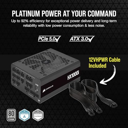 Image of Corsair HX1000i Fully Modular Ultra-Low Noise ATX Power Supply - ATX 3.1 & PCIe 5.1 Compliant - Fluid Dynamic Bearing Fan - CORSAIR iCUE Software Compatible - 80 Plus Platinum Efficiency - Black