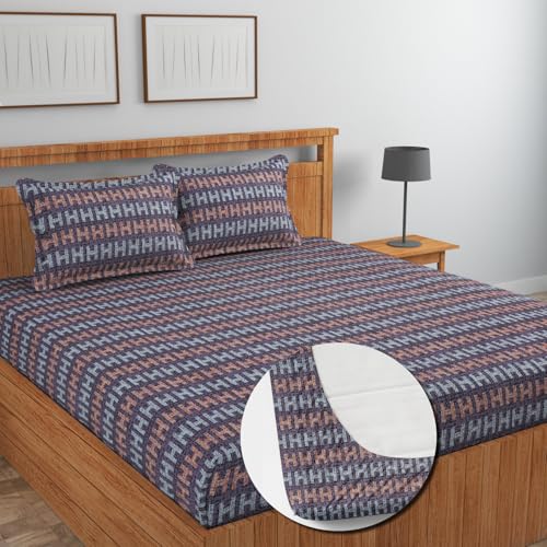 Image of NEW LEAF Cotton Fitted King Bedsheets with 2 Pillow Covers | Elastic Fitted | Wrinklefree | Ultrasoft |Winter Bedsheet 200 to 220 tc Floral | 78x72+8 Inches, Check Blue Grey