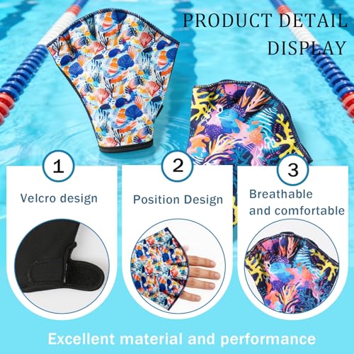 Swim Gloves for Women Men, Webbed Gloves for Water Resistance & Aquatic Fitness, Colorful Coral Shell Pattern Water Aerobics Equipment, Neoprene Training Gloves for Pool, Swimming, Diving