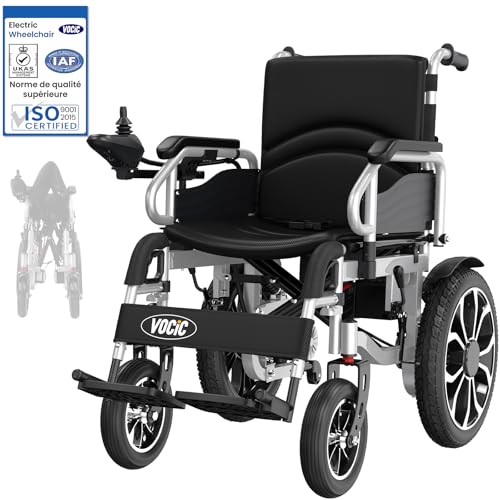 VOCIC Fauteuil roulant electrique pliable leger pour 150KG,30KM fauteuil handicapés électrique Stable,Chaise roulante électrique avec 40CM pneus gonflables amortisseurs,Garantie 5 ans|Argenté