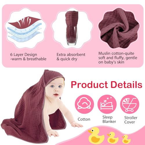 Image of Peryiter 6 Pcs Muslin Hooded Baby Towels, 32 inchx 32 inch Cotton Newborn Bath Towel Muslin Infant Baby Blankets Absorbent Unisex Newborn Registry Gift Essentials for Girls Boys (Red)
