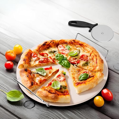 Pietra Refrattaria per Pizza per Forno Griglia a Gas Grill con Rotella Tagliapizza in Acciaio Inox Supporto con Manici in Metallo Ricettario Pietra Refratteria in Cordierite fino 800° Base Croccante