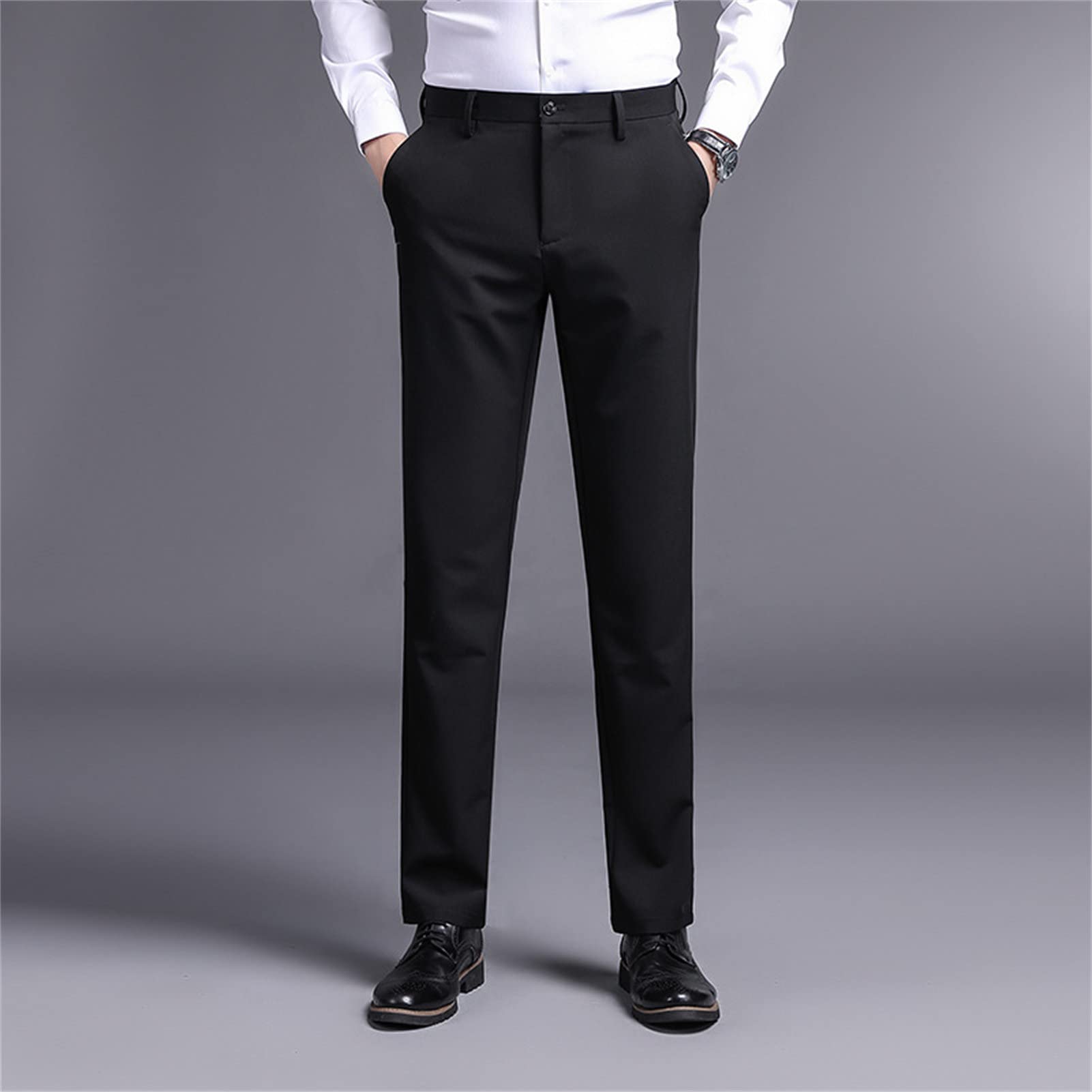Men's Straight Fit Stretch Pant Classic Solid Color Casual Suit Pant Lightweight Business Comfort Trousers (Black,30)