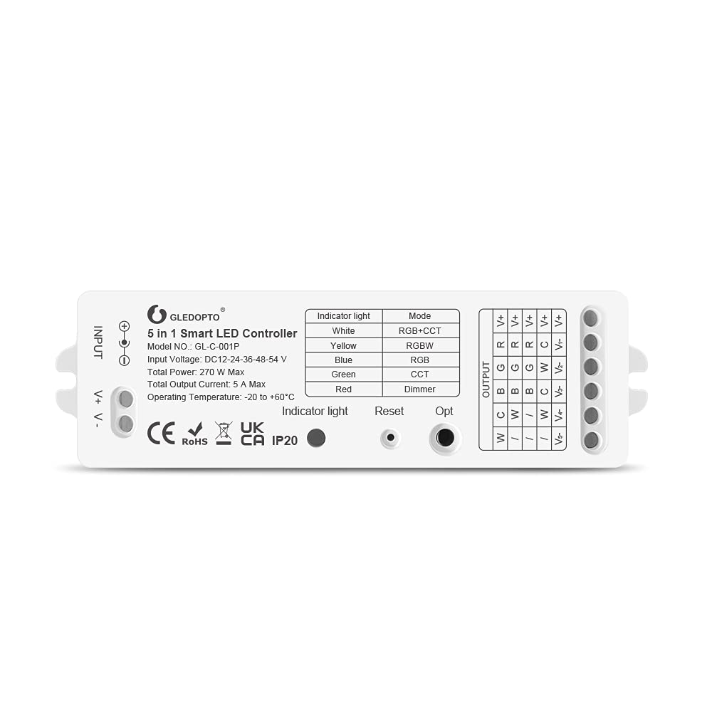 GLEDOPTO GLEDOPTO LED ZigBee Controller Control Unit for LED Stripe Plain CCT Warm White Cool White RGBW or RGBWW and RGB+CCT WRGBWW Tested with Philips Hue*, Alexa Echo, SmartThings (5-in-1 Pro Series)