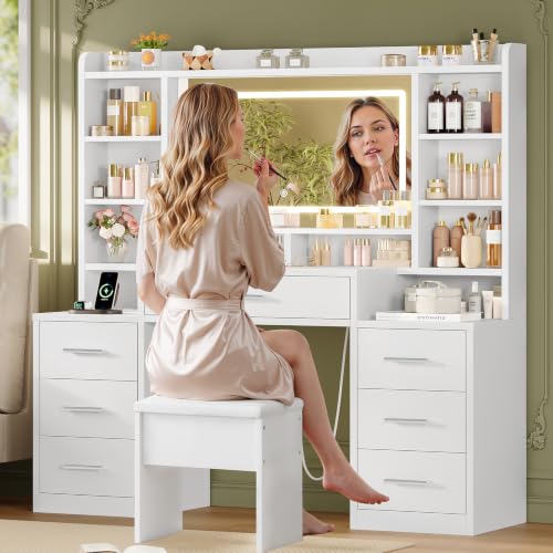 Image of FIONESO Large Vanity Desk with Mirror and Lights, 3-Color LED, Makeup Vanity with 7 Drawers, 6 Open Storage Shelves and Power Outlet, White Vanity for Girls, for Bedroom