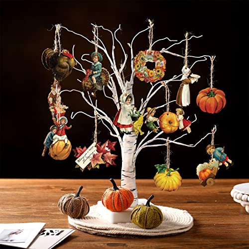 Image of 24 Pcs Fall Thanksgiving Vintage Wood Hanging Ornaments Autumn Fall Tree Hanging Sign Decorations Harvest Maple Leaf Decorative Hanging Ornaments for Holiday Party Decor