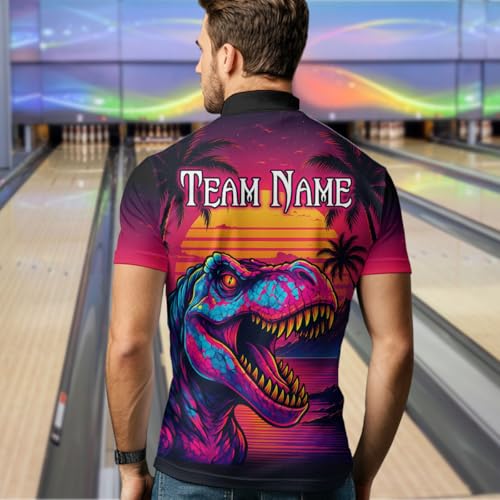 Personalized Neon Dinosaur Bowling Jerseys Bowling Shirts for Men Women Bowling Outfit Bowling Team Jersey Polo & Quarter-Zip4