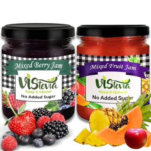 Image of Vistevia Sugar Free Combo of Mixed Fruit Jam & Mixed Berry Jam, Diabetic and Keto Friendly - Sweetened Naturally with Stevia, More Than 60% Berry Content - Tastes Delicious - Pack of 2 (220 * 2GM)
