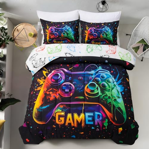 Holawakaka Twin Size Gaming Console Bed in A Bag 5 Pieces for Boys Gamer Comforter with Sheets Set for Kids Teens Graffiti Video Gamepad Quilt Bedding Set Multi-Color Twin
