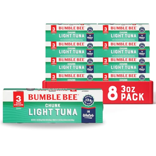 Bumble Bee Chunk Light Tuna In Water, 3 oz Cans (8 Packs of 3, 24 Cans Total) - Wild Caught Skipjack Tuna - 12g Protein Per Serving - MSC Certified Sustainable Seafood, Non-GMO, Gluten Free, Kosher